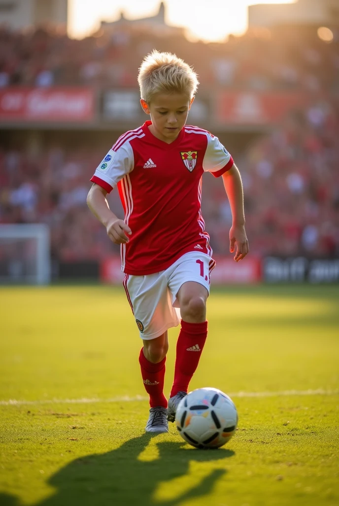 Young blond football player wearing the Sevilla shirt from Spain dribbling