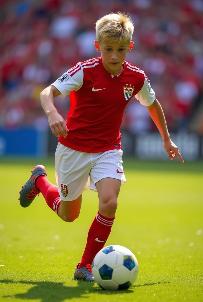 Young blond football player wearing the Sevilla shirt from Spain dribbling