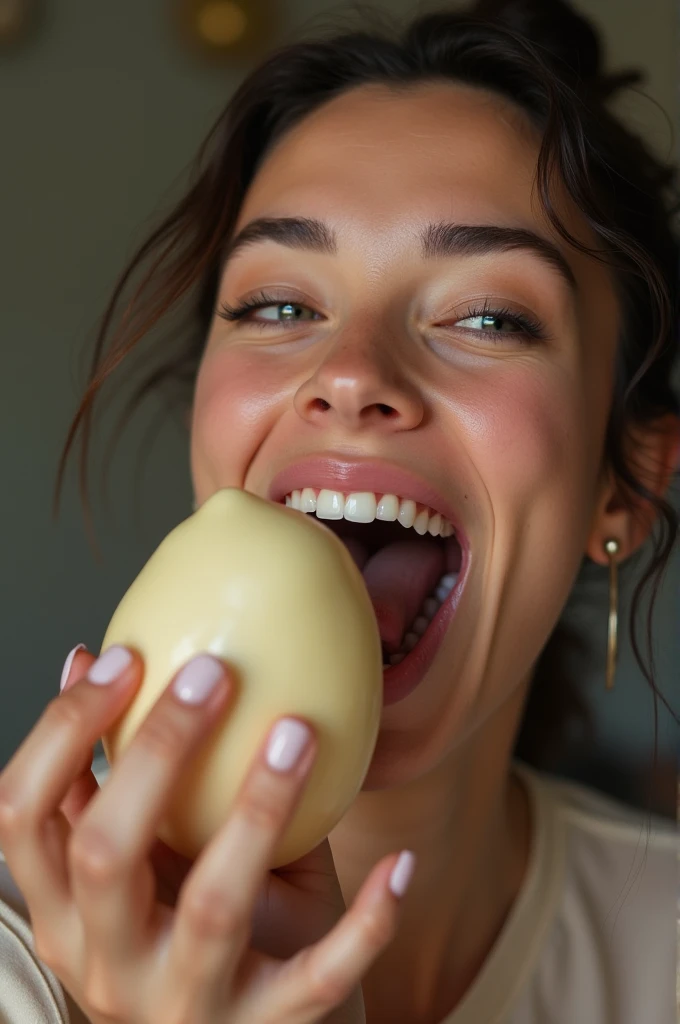 A woman sucking a very large penis with a very excited young face