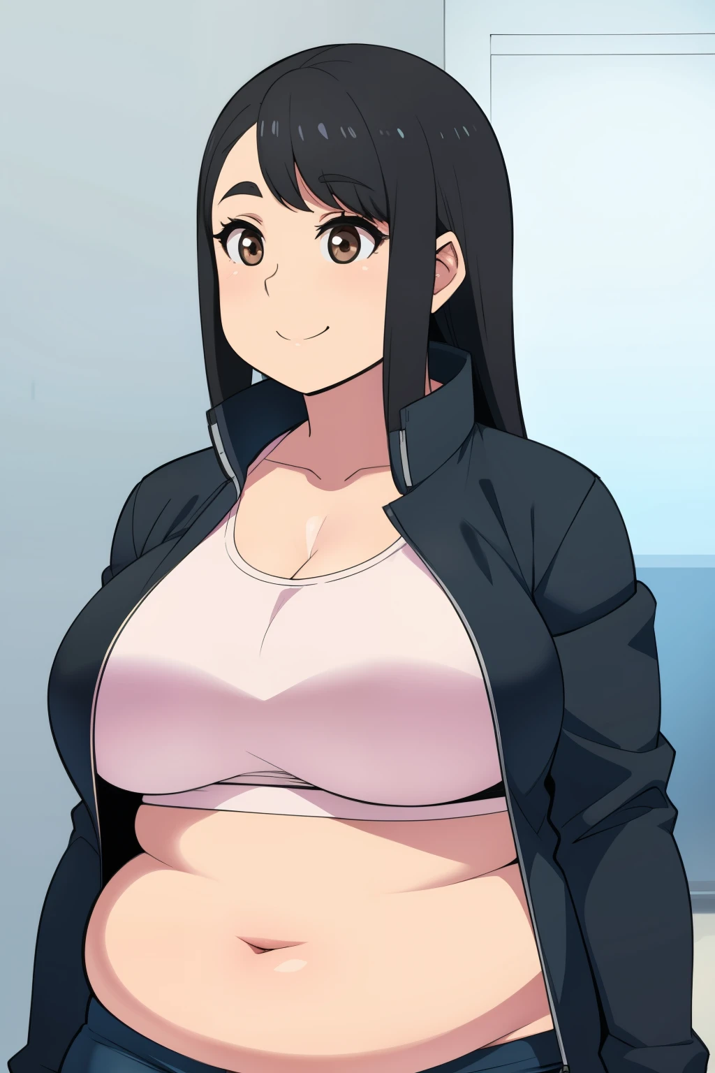 Plump year 21 big breasts black hair brown eyes chubby smile longer hair jacket