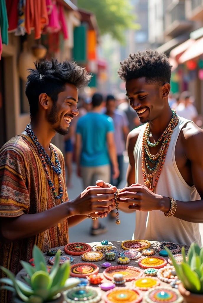 Two young men selling beads