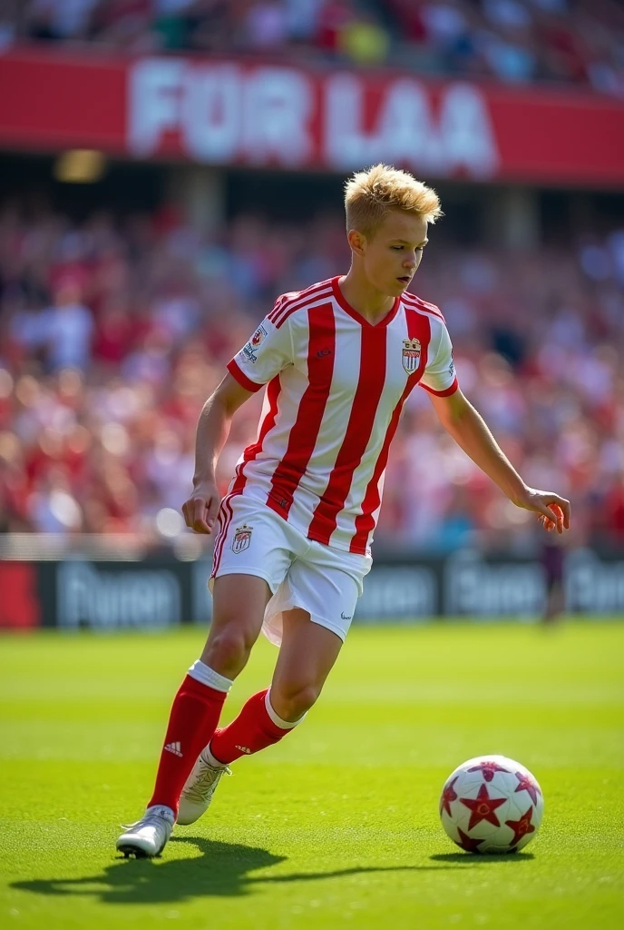 Young blond football player in the jersey of Sevilla of Spain dribbling