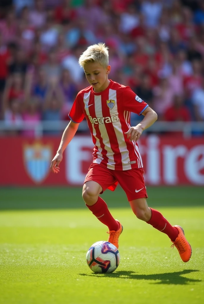 Young blond football player in the jersey of Sevilla of Spain dribbling