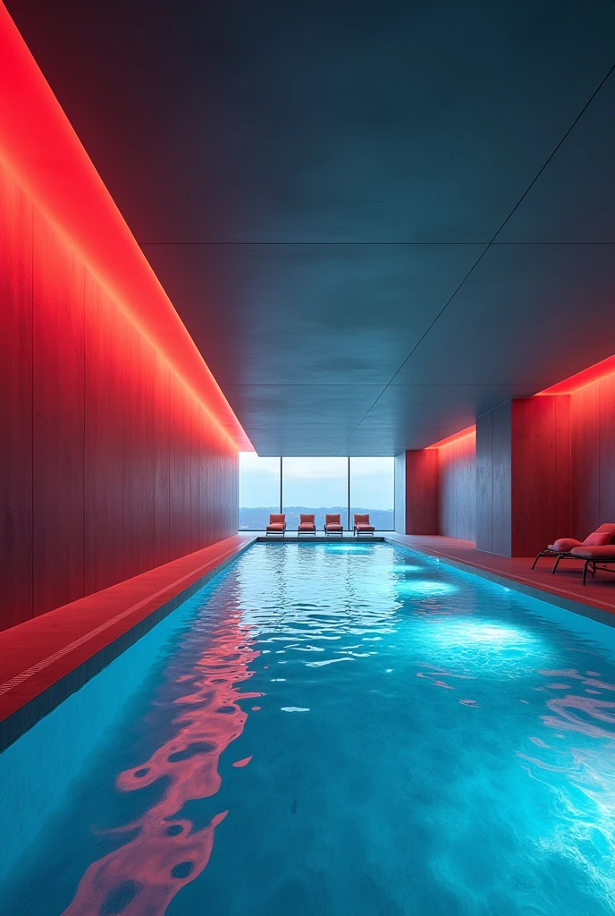 Indoor Swimming pool  in dark grey, Red and baby blue colors without furnicure
The ceiling has all the three colors
The grey also
