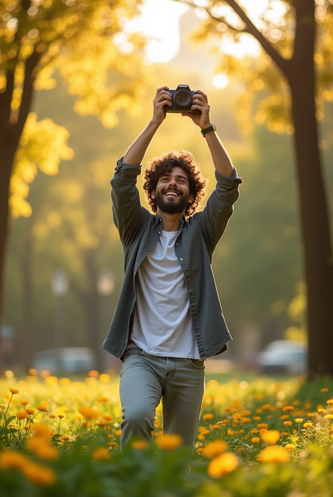 Tall dark haired man, taking photos camera photographer,happy 