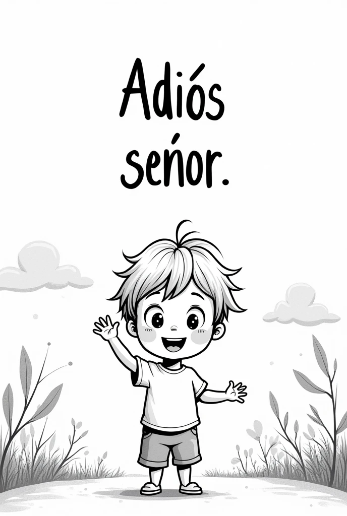 image of an animated child in a drawing that says  "Goodbye sir in black letters in Spanish" in black and white 
