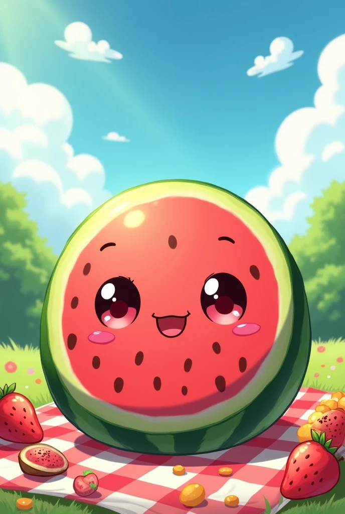 Adorable red watermelon with kawaii eyes, mouth and blush anime