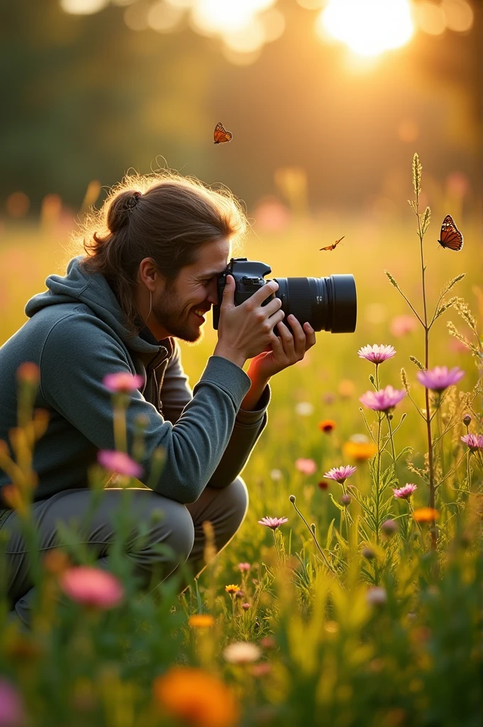 Wildlife Photographer, in meadow, with canon 5dmark3 camera and 200-600mm lens