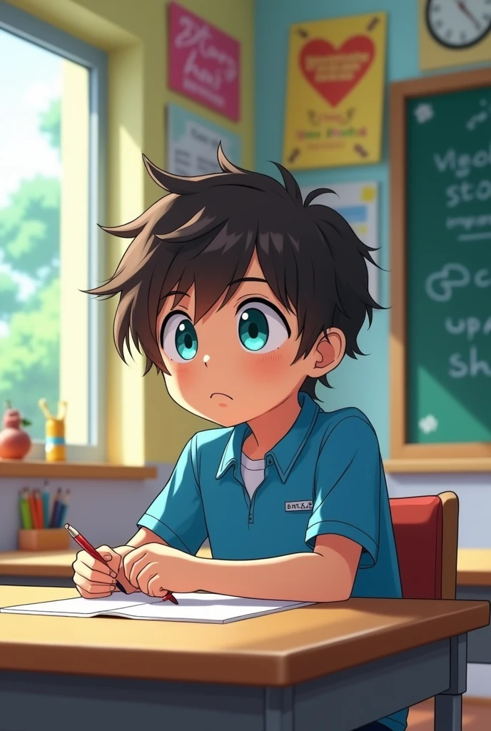 , like 9 yearsk brown wavy hair, turquoise eyes, He wears a blue school uniform, He looks bored. anime style.