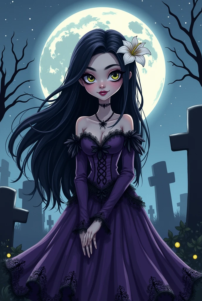 Make a cartoon-style illustration of a macabre female character 