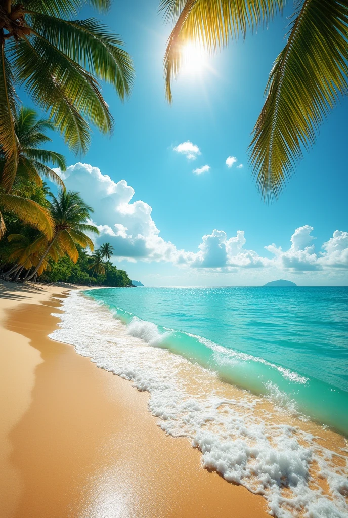 I need a realistic photograph of a Caribbean beach, with curly waves and a radiant sun. There's no one on the beach, no people just landscape