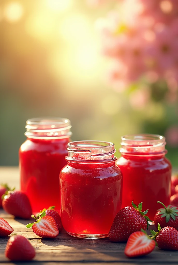 Can you create a banner for me to promote my strawberry jam? , I want it modern this time , you know wooden background , with jars of strawberry jam , but they look real , and now read this carefully , Since my audience is young people , make it anime theme , Put several very popular people
