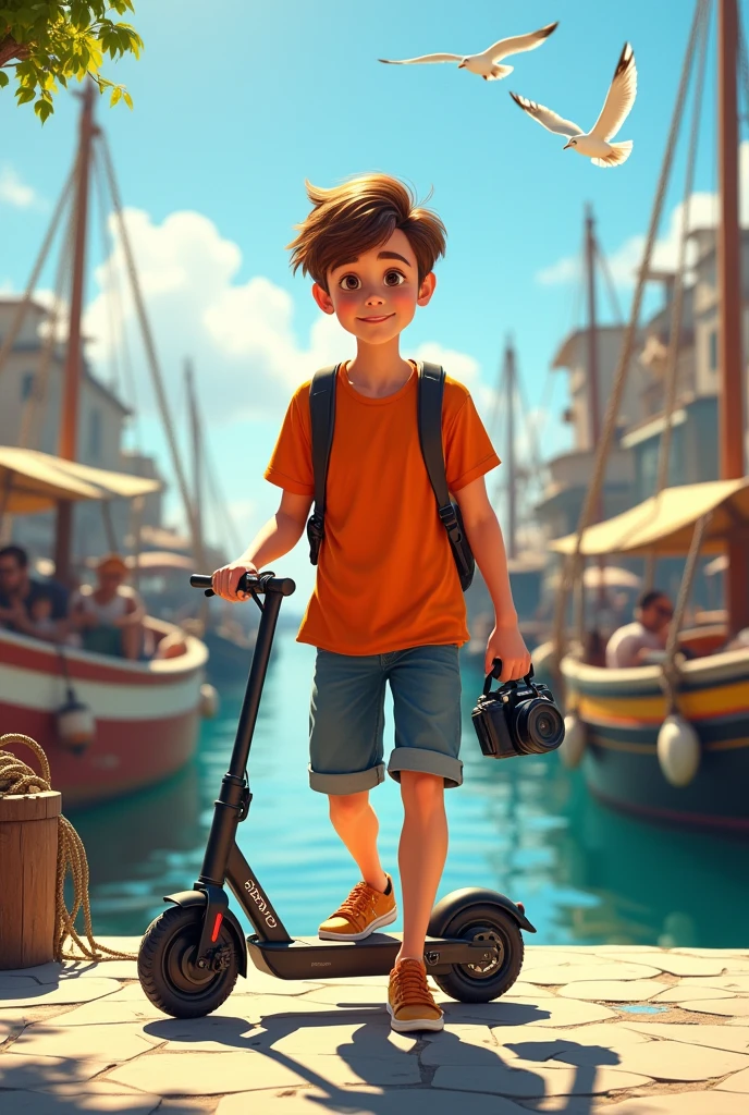A brown-haired boy avatar walking in front of the fishing port with his camera and his electric scooter