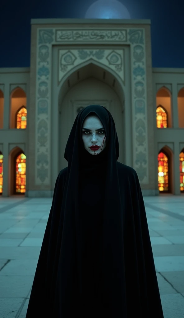 An Iranian vampire with pale skin and piercing eyes, blood dripping from her fangs. She is dressed in a modern, black hijab and abaya, blending into the night as she stands before the grand entrance of the Nasir al-Mulk Mosque. The setting is a moonlit night, with the mosque’s stained glass windows casting faint, colorful shadows. She has just fed on an unsuspecting victim, her presence barely disturbing the quiet of the ancient city of Shiraz.