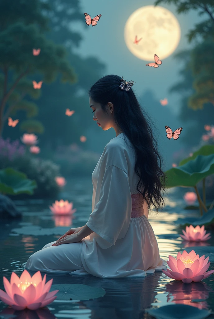 A mystical Japanese woman giving a massage, butterflies landing on lotus flowers
