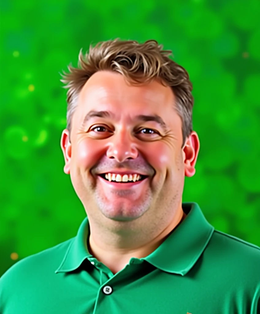 image faithful to the sketch, slightly fat man smiling, with green background, green shirt