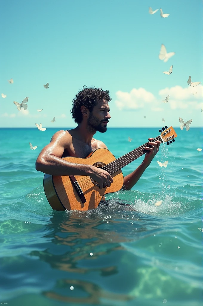 Man playing guitar in the middle of the sea his skyn is wood,  guitar is made with water. Flying notes around