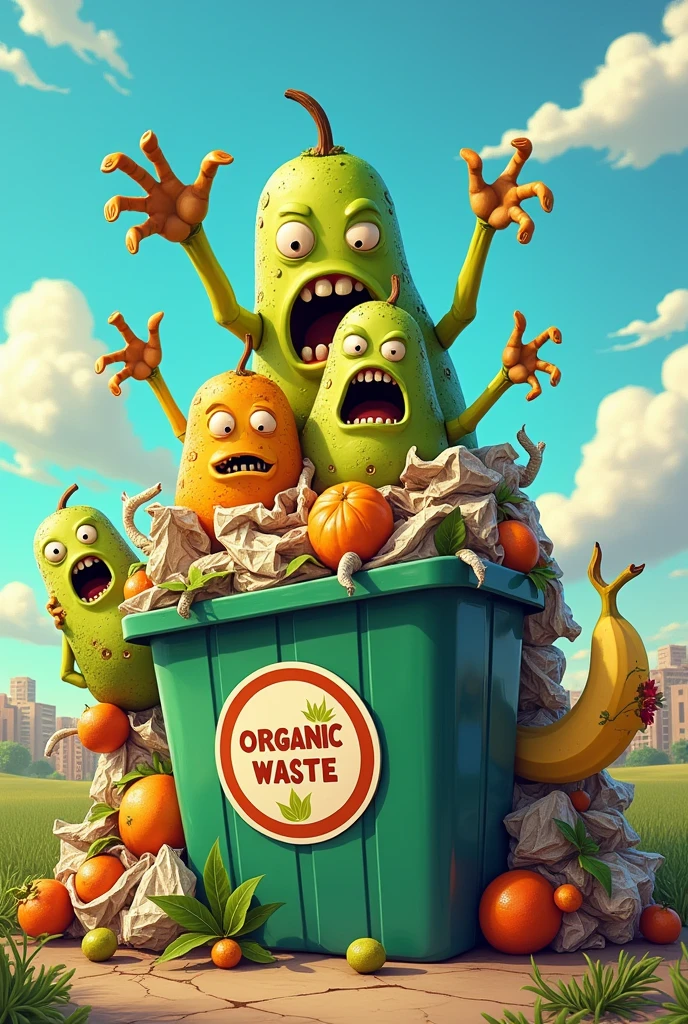 (animated style) Many different types of fruit peels such as orange, banana, tangerine, avocado, tomato, reborn as zombies just by sticking their hands and heads out of a bin that has the organic waste logo on it, which is positioned on top of a very high pile of plastic bags.