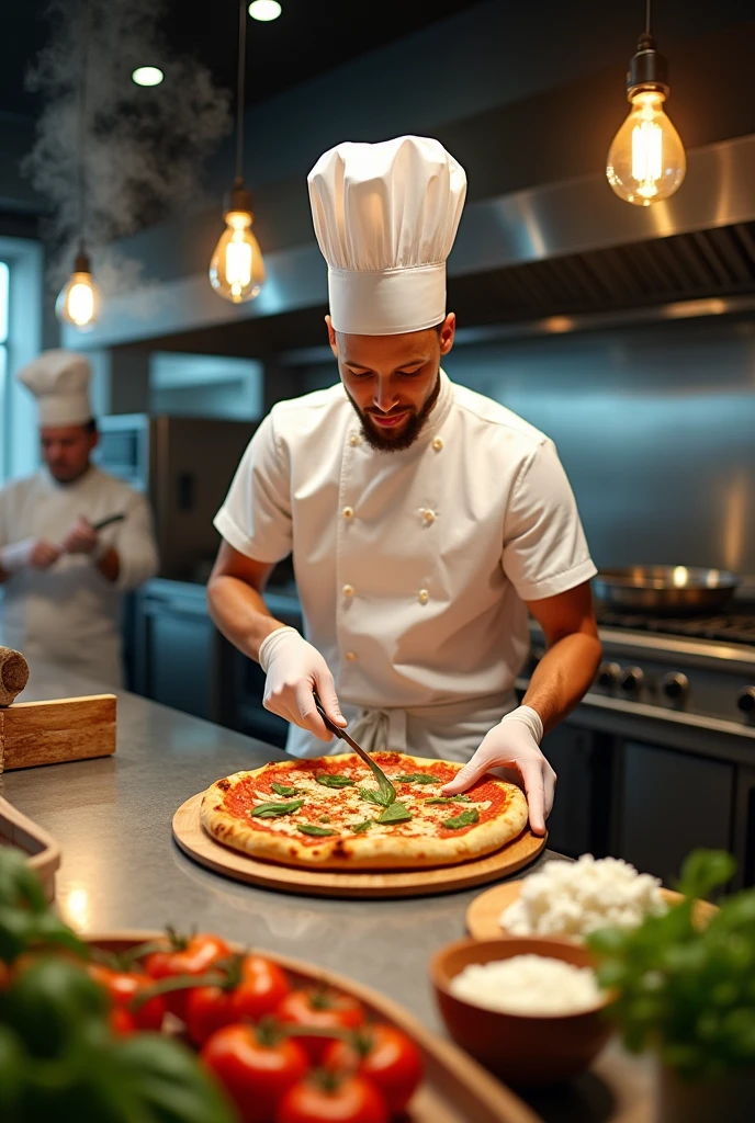 Stephen Curry cooking pizza with a chef hat