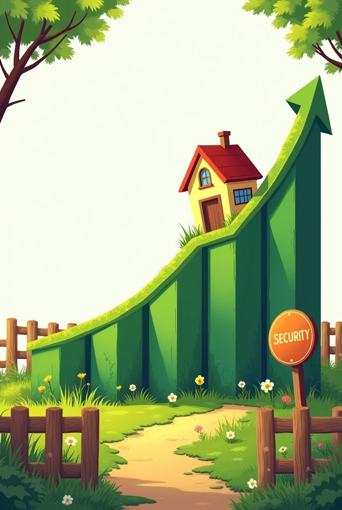 A financial growth graph with a house at the top, next to a background of land and a security sign