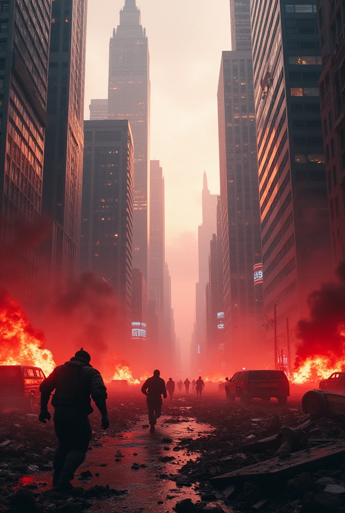 create an image of a futuristic city at war. I want to convey the idea as if it were a take of I don't know, a marvel movie and i want things to be on fire, I want it to have a base like the floor, as if we were in the middle of the street with the ground destroyed, with overturned cars, in complete chaos and a somewhat red setting