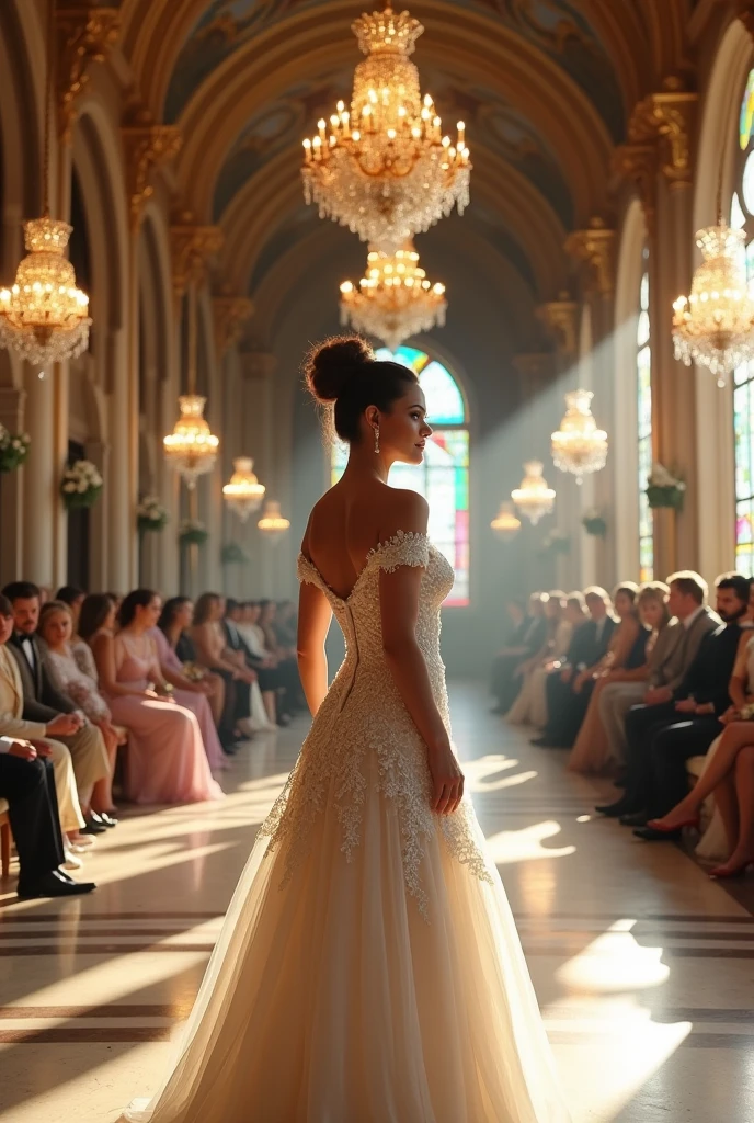 Women curvy hourglass body,in royal wedding, wearing bardot dress.