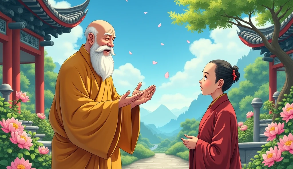 An wisdom full old fat Chinese monk standing and talking to his elder student, beautiful garden, flowers, surrounded by temples, beautiful scenario, trees, in anime style,