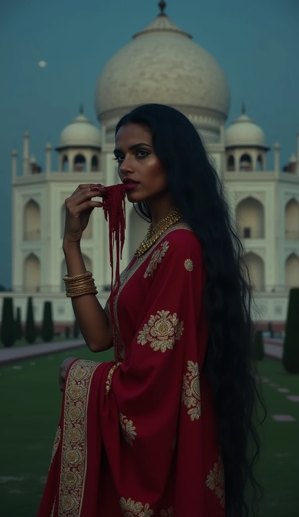 An Indian vampire woman with golden-brown skin and long, flowing black hair, blood dripping from her lips as she wipes it with the back of her hand. She wears a deep red sari with intricate gold embroidery, now tainted with blood. The setting is the Taj Mahal under a starless night sky, the white marble reflecting the faint glow of the moon. She stands in the garden, her eyes cold and distant after a fresh hunt.