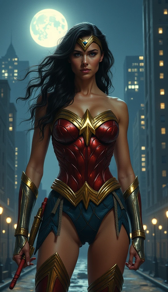 full body, full shot ,Portrait painting of wonder woman wearing a fancy gold suit, ultra realistic, concept art, intricate details, eerie, highly detailed, photorealistic, octane render, 8k, unreal engine. art by artgerm and jim lee, nyc in the background, full body, night time, realistic photography,, realistic photography