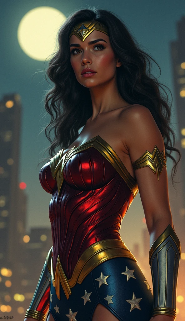 Photographic portrait of Wonder Woman, Sexy, wavy-haired superheroine, by artgerm, in the style of realism, glowing skin, Cartoon, mangacore, natural lighting, Defined full lips. Female body fitness muscle (domino mask) (back view)