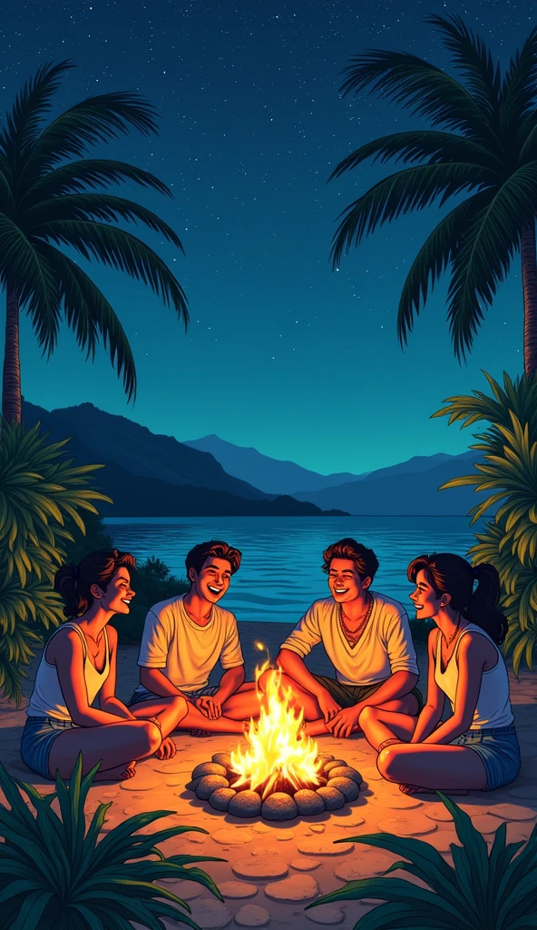 Campfire Friends: Create a cozy anime scene of a group of friends gathered around a campfire under a starry sky, sharing stories, with the fire casting a warm glow on their faces. --chaos 100 --ar 3:2 --stylize 1000 --v 5.1,Hawaii, gta vice style , illustration , reteo comic illustration