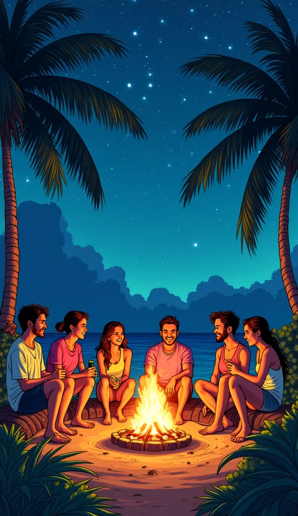 Campfire Friends: Create a cozy anime scene of a group of friends gathered around a campfire under a starry sky, sharing stories, with the fire casting a warm glow on their faces. --chaos 100 --ar 3:2 --stylize 1000 --v 5.1,Hawaii, gta vice style , illustration , reteo comic illustration