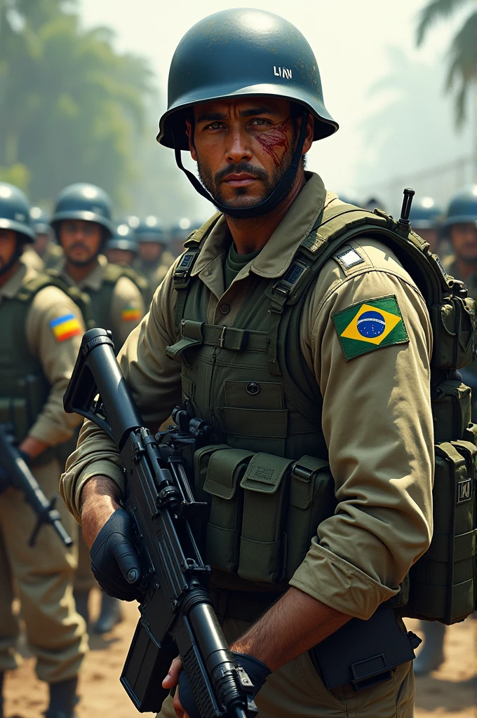 Illustrate a light brown man, all dirty with dust and all cut up, from the Brazilian army commando battalion, with a large, strong and wide physique, He has short hair, with a tired but aggressive look, holding a heavy machine gun with a large cut on his face. He is fully equipped with a blue UN helmet and a long-sleeved Brazilian army uniform with the flag symbol on the shoulder.. He has a large, heavy vest. In the background leading an entire battalion of Brazilian soldiers
