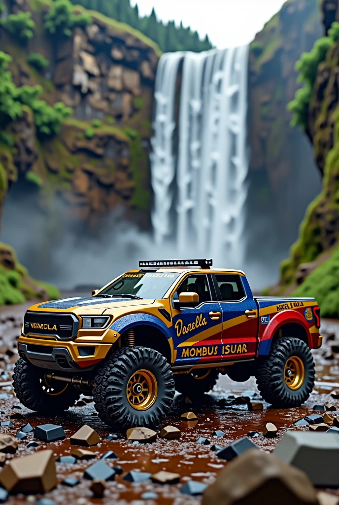 A captivating 3D logo for “VENEZUELA” with a sleek and modern design. The bold “VENEZUELA” intertwines next to a sleek gold, blue and red 4x4RC truck, showcasing its impressive bodywork with images of a scale on the doors with “Dr. Freddy” text in glossy black and large, super-lowered rims in gold. The background is a sophisticated and simplistic combination of sleek, modern fonts with vibrant details such as the Angel Falls waterfall. The rugged color palette creates a sense of high-quality action and a social and lively atmosphere. The Venezuela sign design exudes energy and excitement for those who love adrenaline-filled pastimes.
