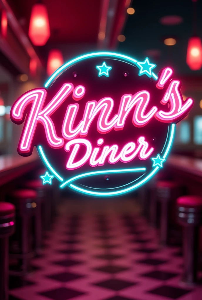 Logo in pink neon lights and aqua details that says "Kinn's Diner" from a 50's and 60's themed diner