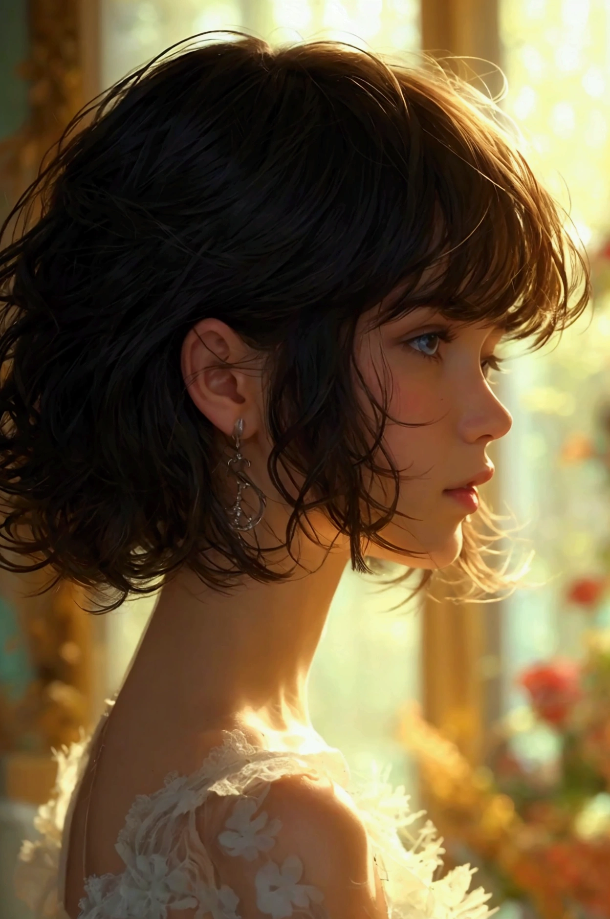 fille qui a un visage fin des cheveux bruns un balayage et qui est devant son mirroir avec des petits seins