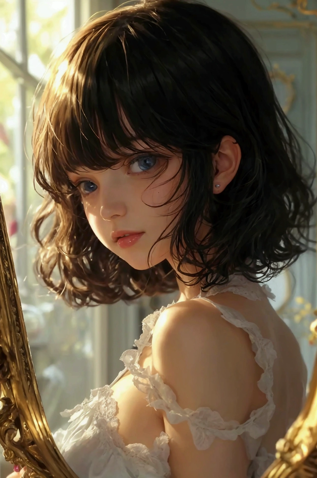 fille qui a un visage fin des cheveux bruns un balayage et qui est devant son mirroir avec des petits seins