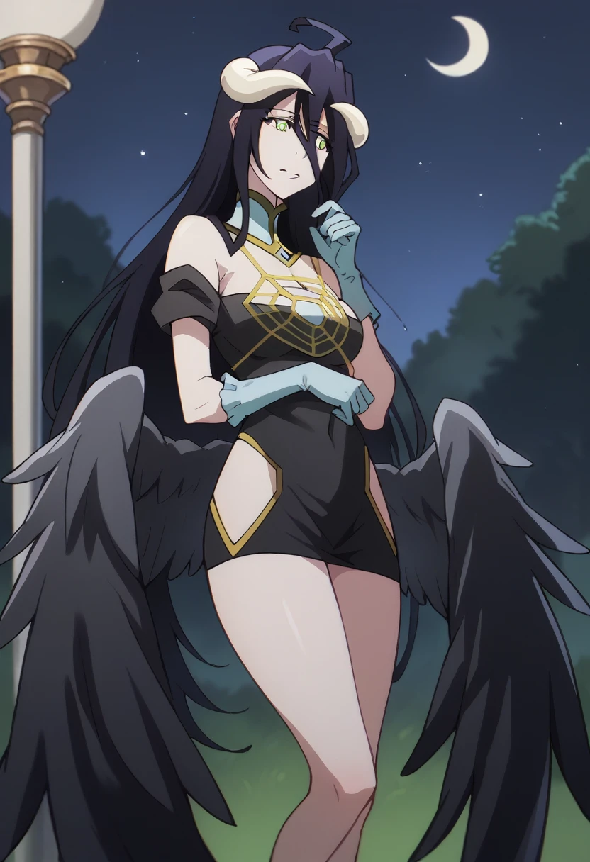 Albedo, wearing a black dress , short dress, at night, open field