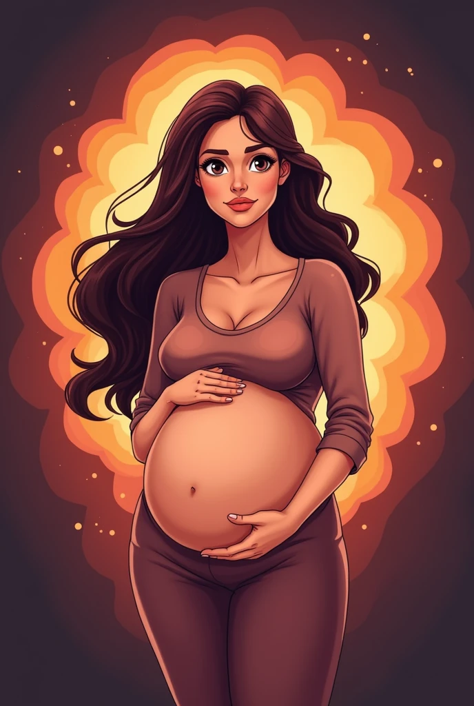 My banner is about high-risk pregnancy, in brown colors, dark red and light orange. Create a cartoon image in the center as it will be inserted in a circle with a pregnant woman in labor who has just had her amniotic fluid bag burst.
