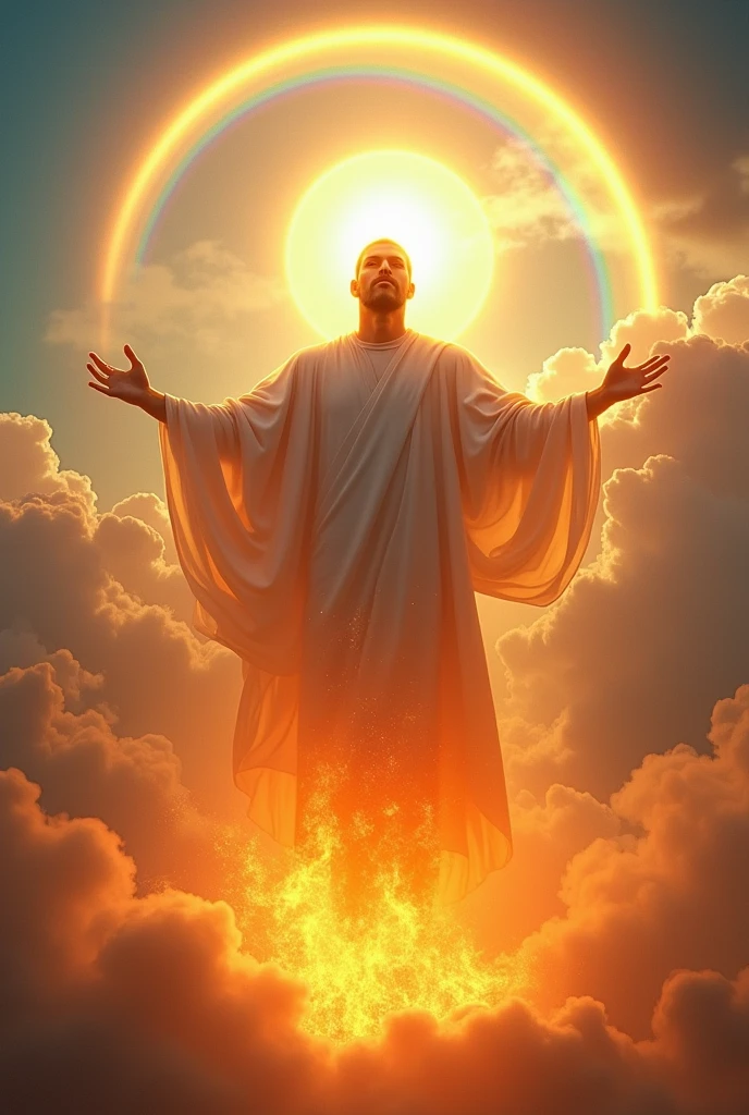 (photorealism:1.2),He was robed in a cloud, with a rainbow above his head; his face was like the sun, and his legs were like fiery pillars