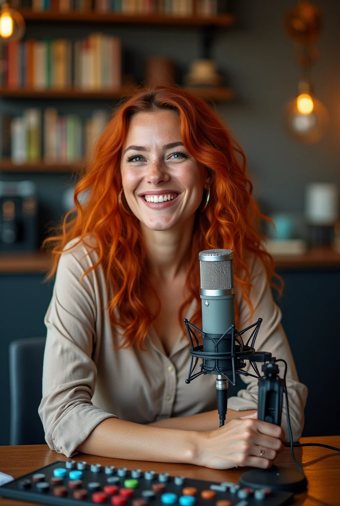 a woman with curly red hair and white skin with freckles, at a podcast table