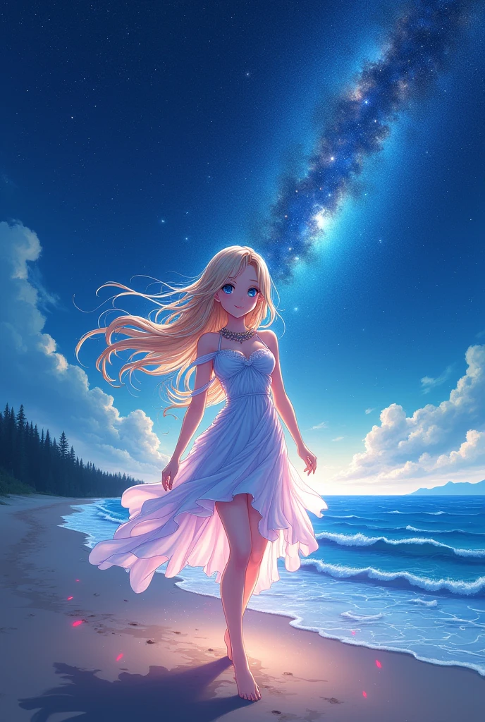 (masterpiece、Highest quality、8k、High resolution)、(The best beautiful girl)、Best Style、(The most beautiful face)、Clear skin、Clean blue eyes、Beautiful lips、Beautiful nose、Blonde Hair、Walking on the sand、Ocean、You can see the forest、A bright night with stars visible、Beautiful starry sky、milky way、(Mysterious light particles emitting from the body、Colorful Light、Very mysterious light)、jewelry、necklace、dress、(whole body)、Highly detailed anime art、A complete portrayal、Professional photographer、Professional Lighting、