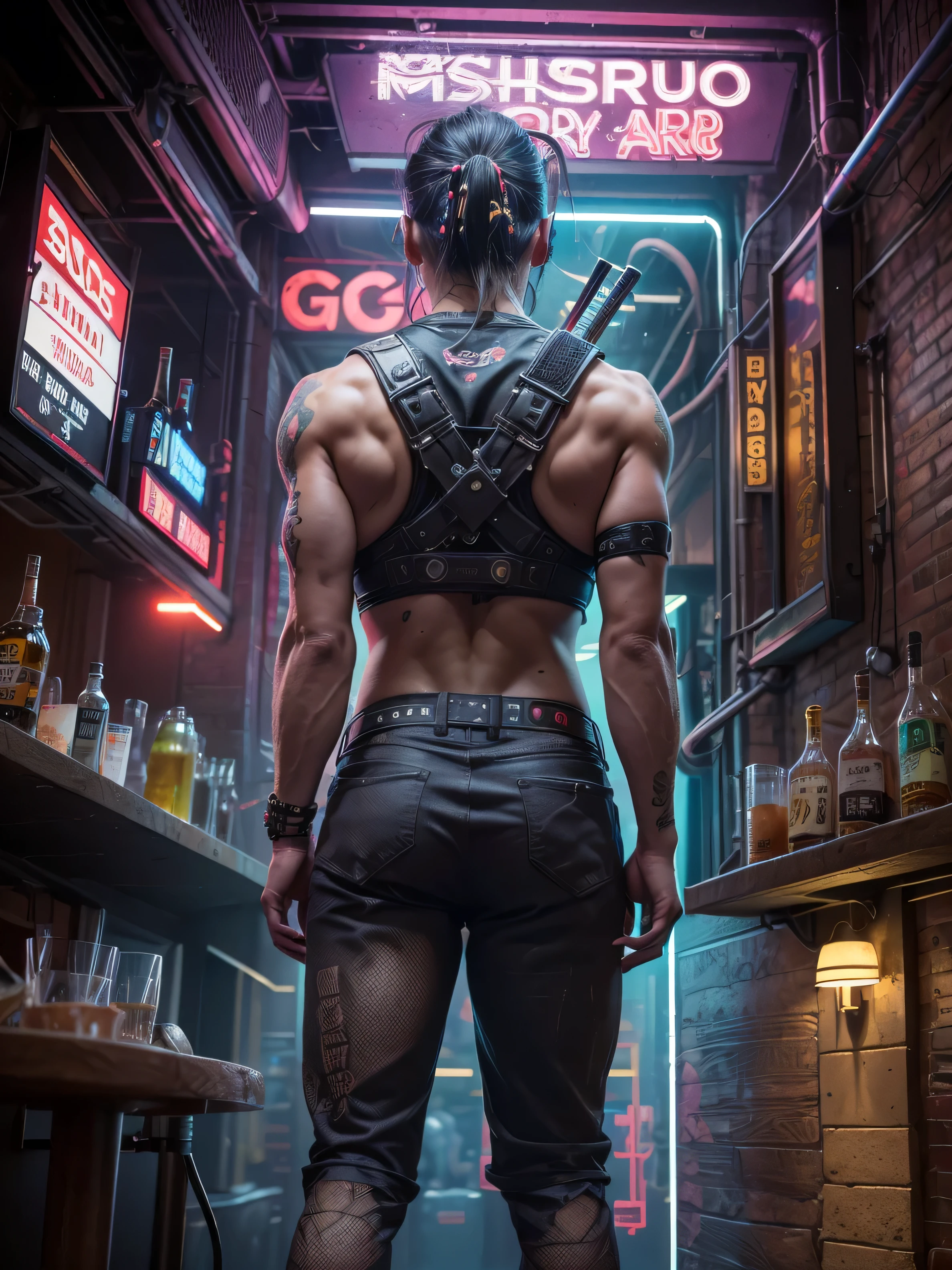 (((Masterpiece))),high resolution,realistic details,sharp focus, hyper-realistic photo of 2 samurais at a bar,(((2 guys at a bar))),(samurai outfit),Fisheye 5 mm lens taken from behind, cyberpunk scene, cyberpunk vibe, New York city in the year of 2527. Super futuristic bar, sharp details,anatomically correct bodies, depth in vision,(depth in vision 1.3), illuminated by vibrant neon lights and holograms. Capture the scene from a street-level perspective during a dark and rainy night. The atmosphere should convey a bustling yet ominous mood, highlighting the contrast between the dystopian environment and advanced technology.(Very detailed: 1.3),4k, back shot