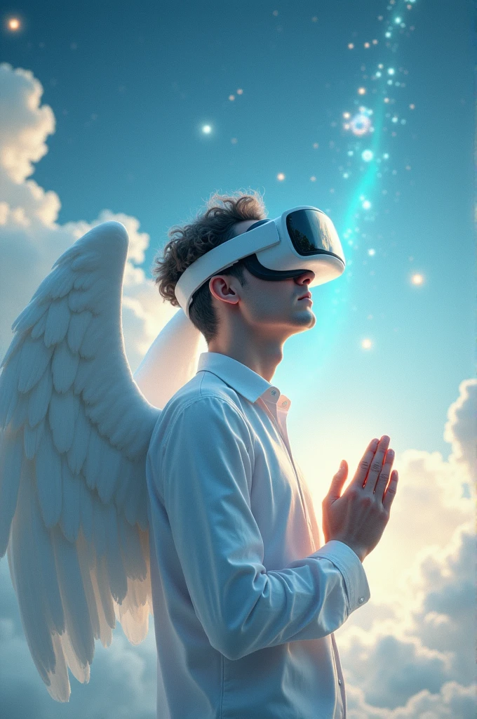Guardian angel man praying, wearing virtual reality glasses