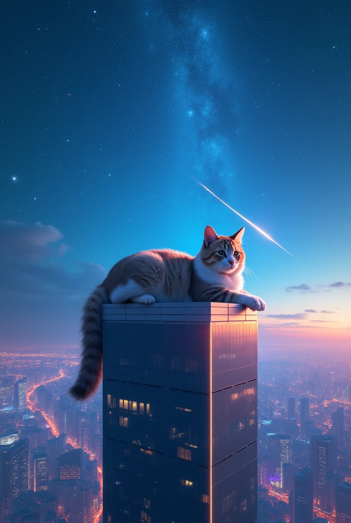 Vision、landscape、Amazing resolution、Luminescence、Near the city of the future、Blue sky、Many bright stars々、Beautiful Lights、Clear lighting、Soft lighting、Many bright magic lights、Stars falling from the sky,Meteors,Cute huge cat