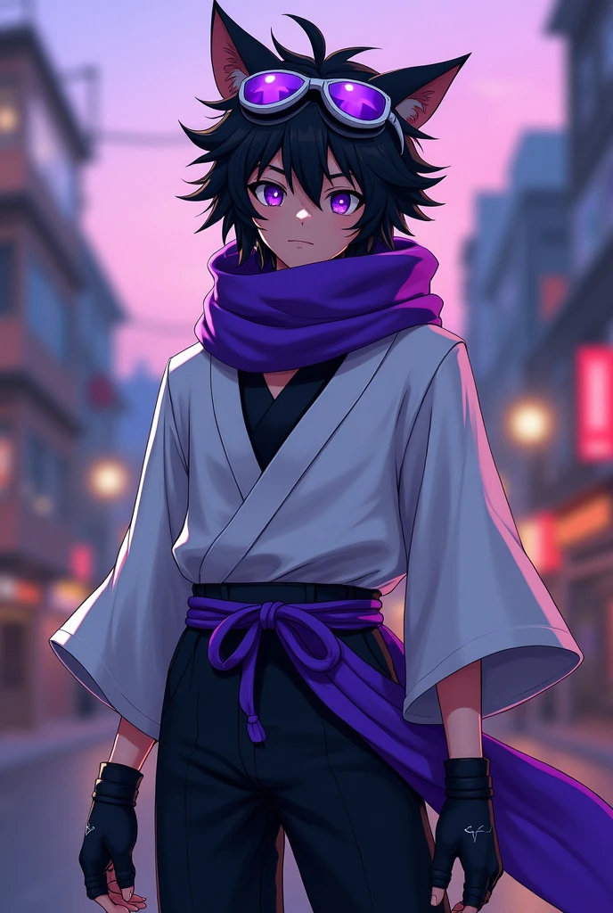 create an image of a boy with a long black catwolf cut, amethyst eyes, purple rain colour scarf, solid coloured black knee length bosozoku, white safety goggles, black fingerless gloves, tied white haori, purple rain colour cord belt from My Hero Academia