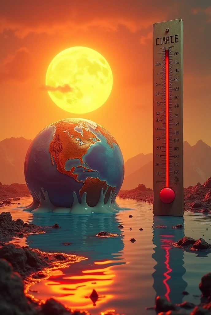 The planet melting next to a thermometer to its right at maximum level and the sun behind
