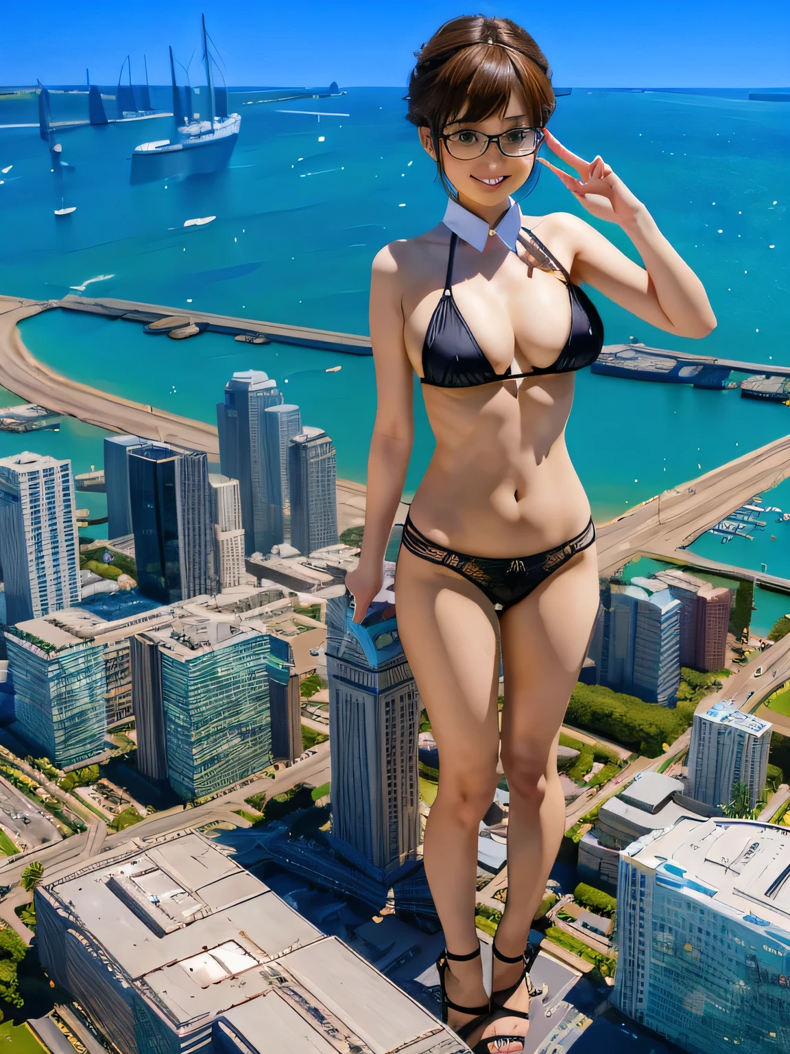 multiple girls, 3girls, standing, giantess art, highly detailed giantess shot, giantess, most detailed, perfect face, two legs, five fingers, short hair, beautiful girl bigger than a skyscraper, wearing rimless glasses, smiling, huge breasts, underwear, maid bikini, stiletto heels, under heavy attack, seaside metropolis, ocean, numerous miniature warships on the sea, very small metropolis, miniature metropolis, full body depiction, GTS, giga giantess gigagts,, trampling city, crush city, tiny city, micro city, high resolution, best quality, masterpiece,