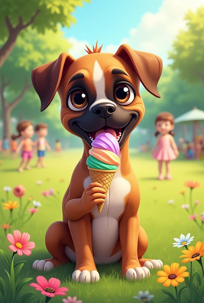A boxer breed dog with a big nose, Eating an ice-cream
