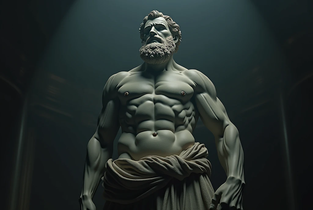 A stoic statue in 4k stoic statue from Greece 8k movie with Hercules style and dark background pensive
